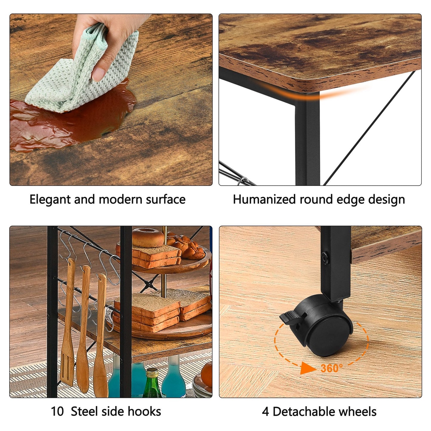 JOZ 3-Tier Kitchen Utility Serving Cart, Multifunction Microwave Oven Stand, Baker's Rack with Storage Shelf and 10 Hooks, Black