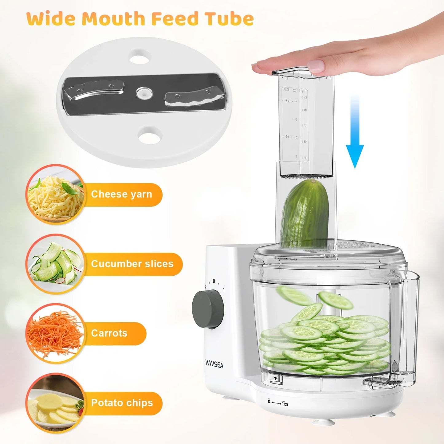 VAVSEA 6 Cup Food Processor and Vegetable Chopper for Dicing, Chopping, Mincing, BPA Free, Stainless Steel Blades, White