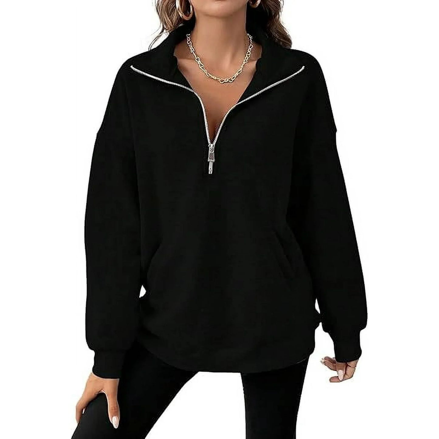 SHIBEVER Womens Sweatshirt V Neck Long Sleeve fall Oversized Pullover Tops Half Zip Pullover Oversized Hoodies Fall Clothes Black
