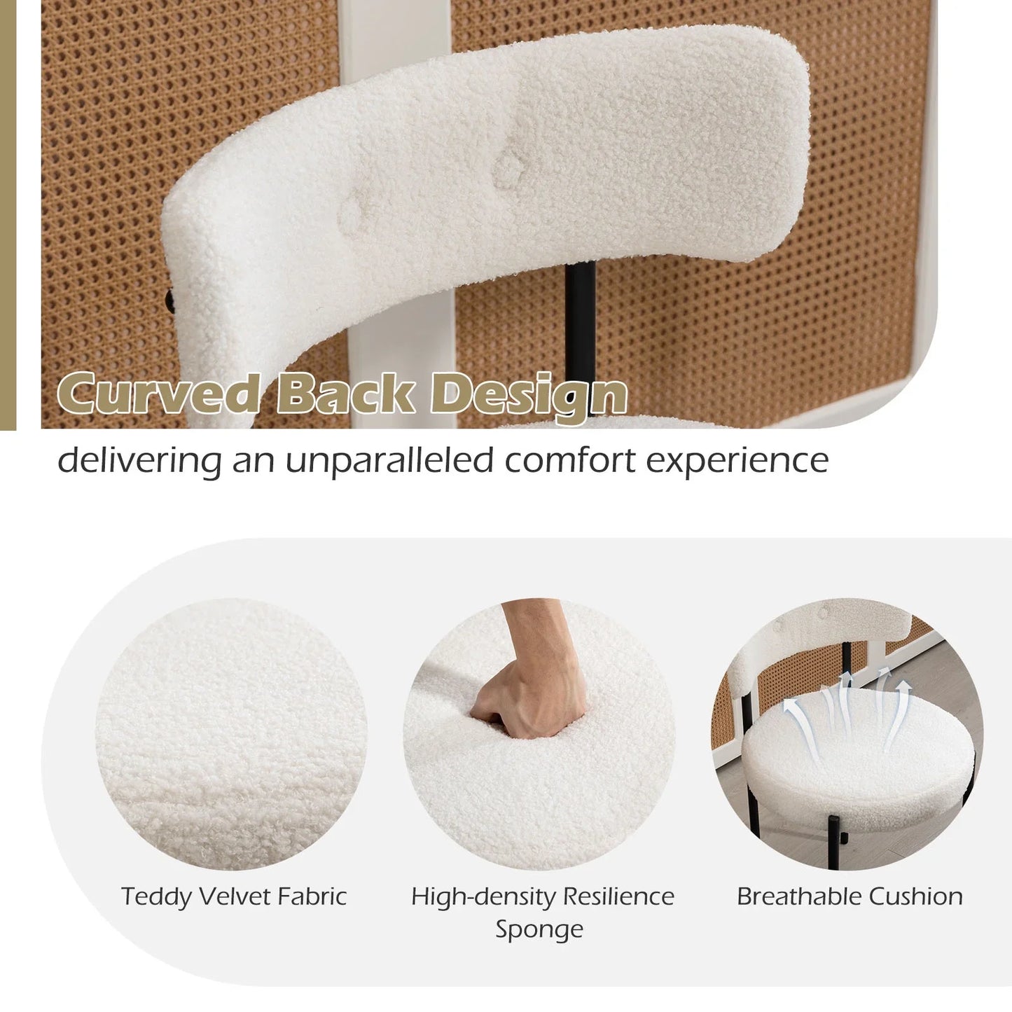 HOMHUM Dining Chairs Set of 2, Mid-Century Modern Kitchen Chairs with Metal Legs, Curved Backrest, Round Upholstered Boucle Chairs for Dining Room, Kitchen & Living Room, White & Black