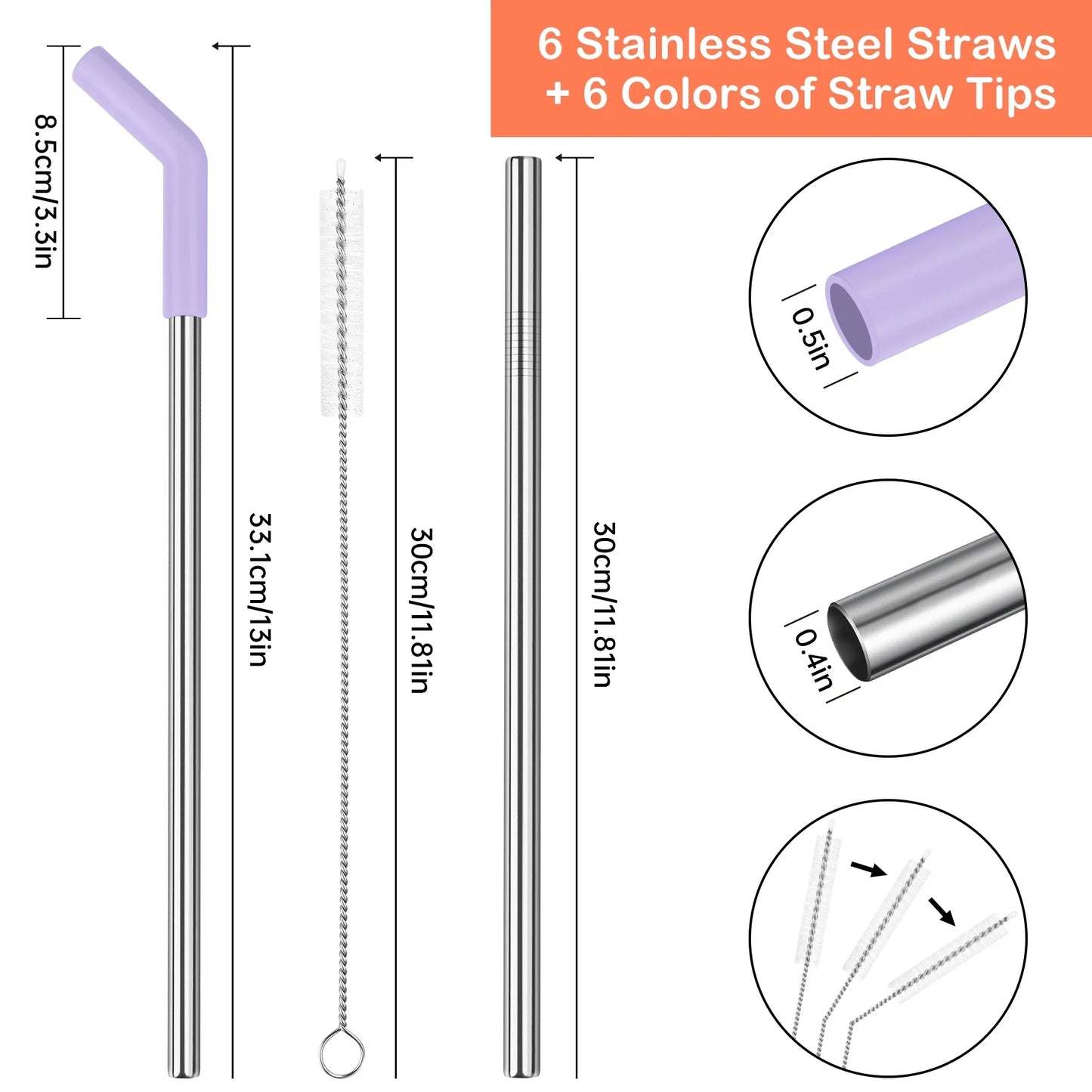 Tomorotec 12-Inch Stainless Steel Straw with Silicone Extender Tip for Stanley Adventure Quencher 40oz Tumbler 6-Pack with 2 Cleaning Brushes, 0.4" Diameter Straws Food Grade BPA-Free Colorful Set