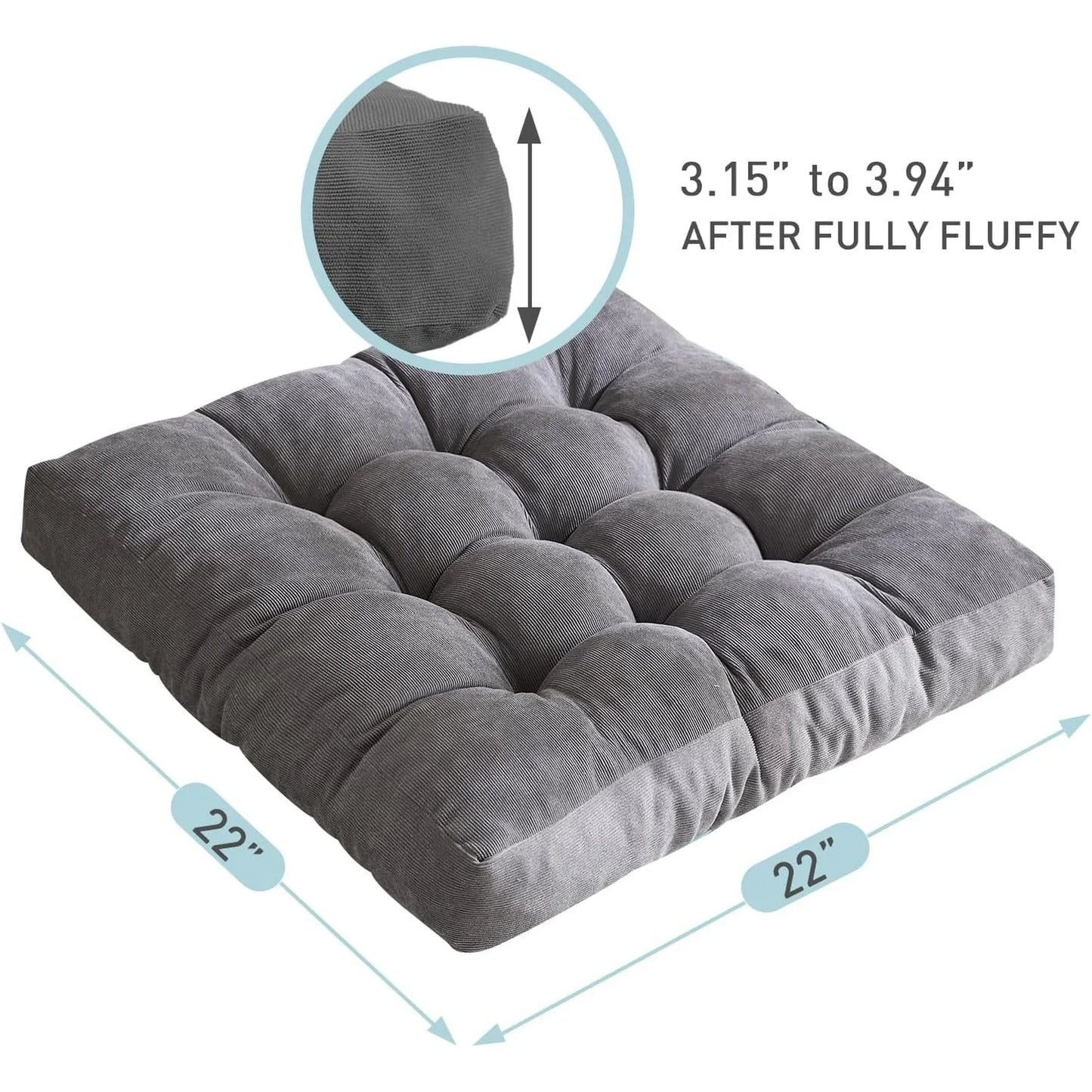 Large Floor Pillow 22x22Inch, Meditation Square Pillows Seating for Adults, Tufted Corduroy Floor Cushion for Living Room Tatami, Grey