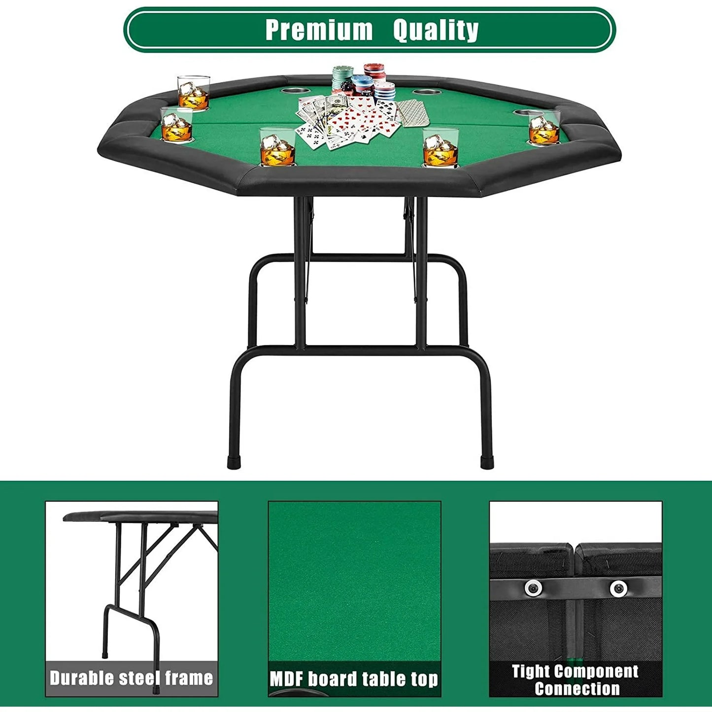 HOMHUM Game Poker Table w/Stainless Steel Cup Holder Casino Leisure Table for 8 Players, Green Felt