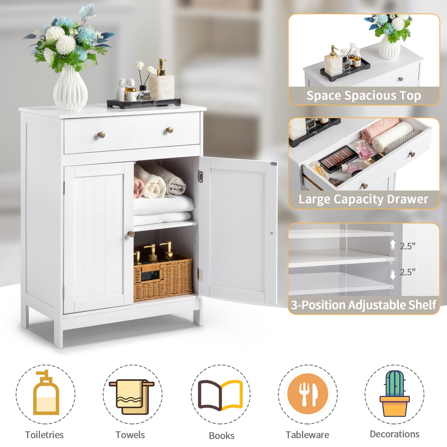 Zimtown White Wooden 2-Door Bathroom Cabinet Storage Organizer with 2 Shelves& 1 Drawer Free Standing