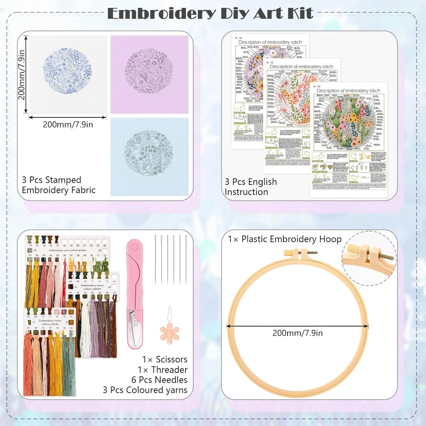 3 Pack Embroidery Kit for Beginners, Sewing Cross Stitch Starter Set with Flowers and Plants Pattern Stamped Cloth Hoops Threads and Needles, DIY Handmade Sewing Crafts