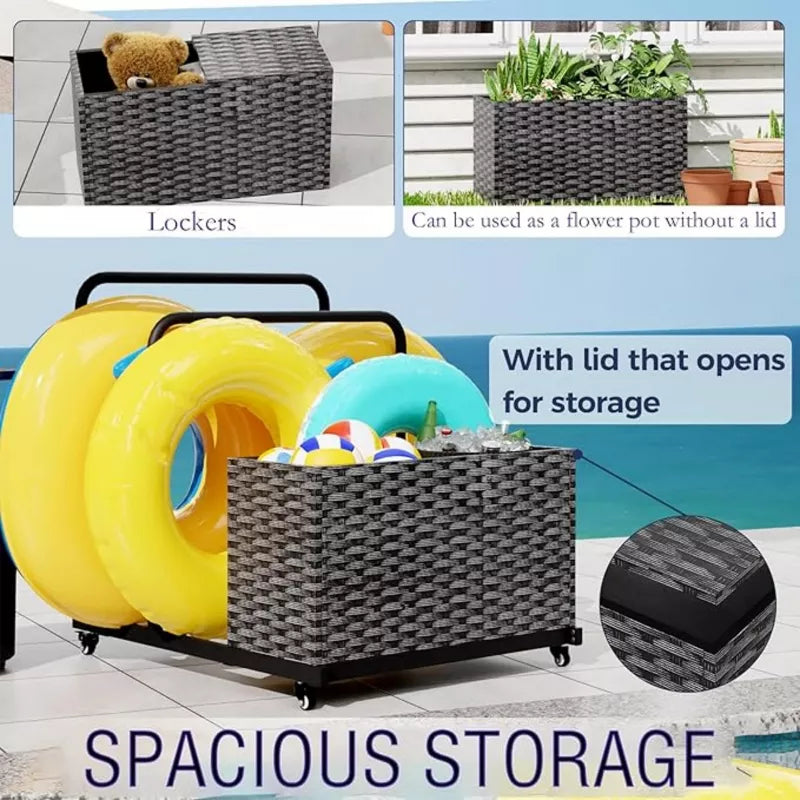 BENCMATE Pool Accessories, Portable Poolside Float Storage with Rolling Wheels and Basket for Pool, Patio, Gray, 39.4"*31.5"*37.6"