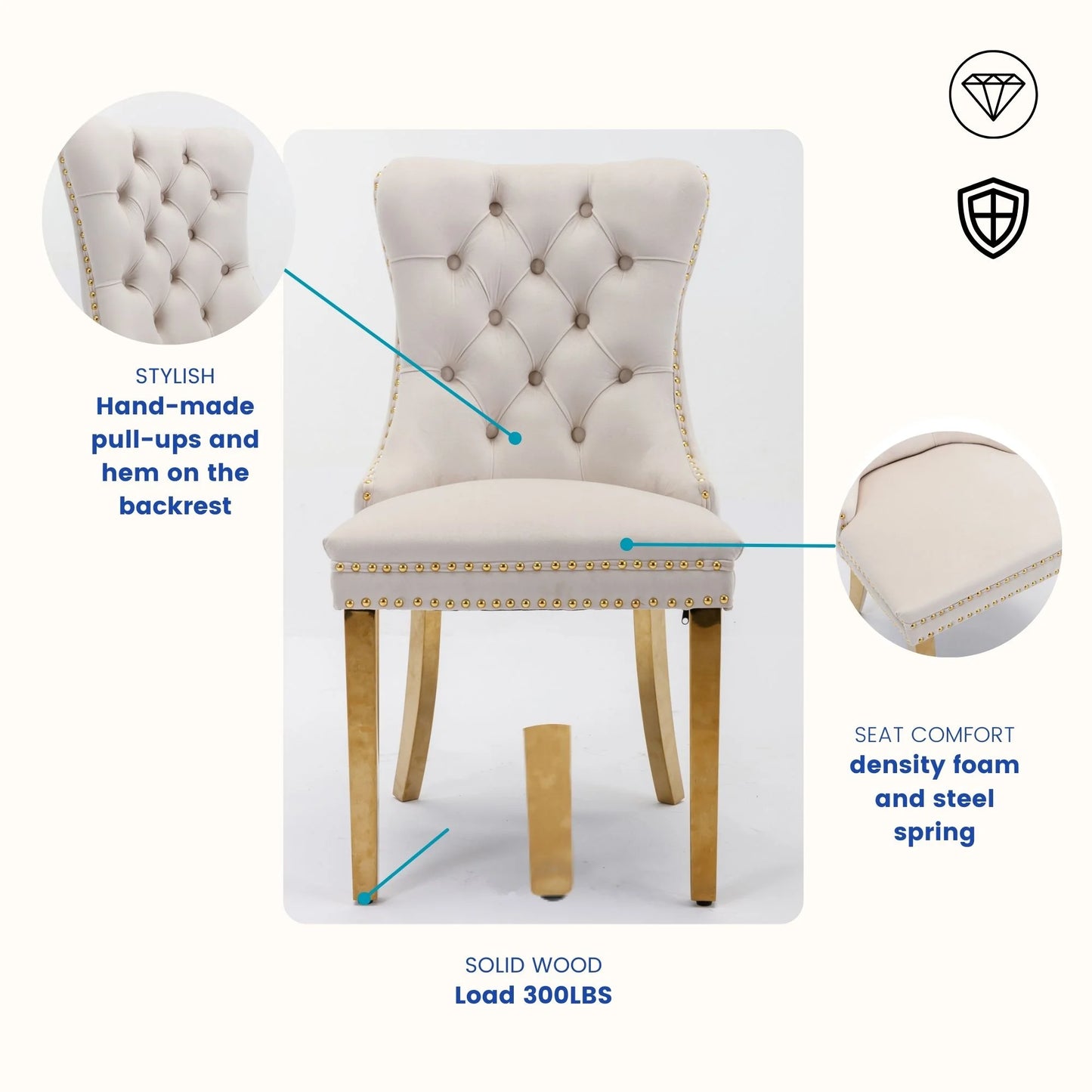 Sumdeal 63 Modern Sintered Stone Dining Table with 6 Velvet Dining Chairs,White pattened Table with Golden Leg,6 Beige Chairs