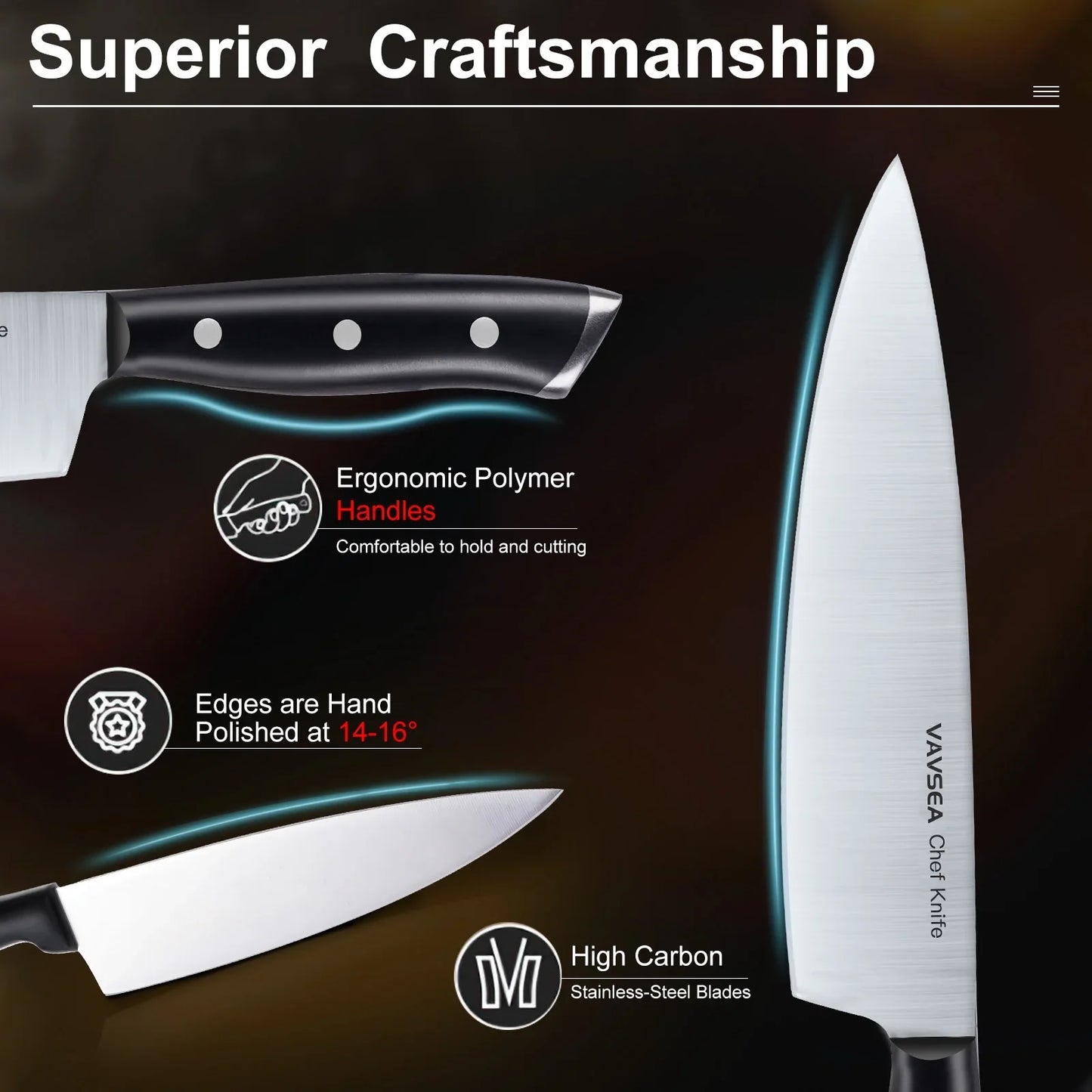 VAVSEA Kitchen Knife Set, German Knife Block Set with Sharpening Rod, 12Pcs Anti Rust Stainless Steel Knives Set, Dishwasher Safe, Black