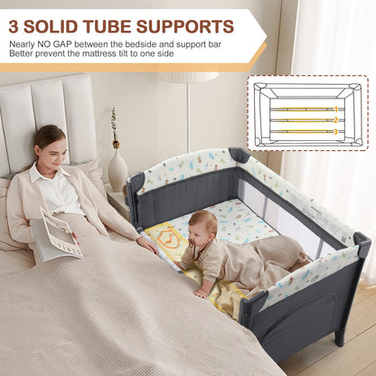 Zimtown 4-in-1 Wide Baby Bassinet Bedside with Mattress, Portable Baby Crib for Newborn to Toddlers, Gray