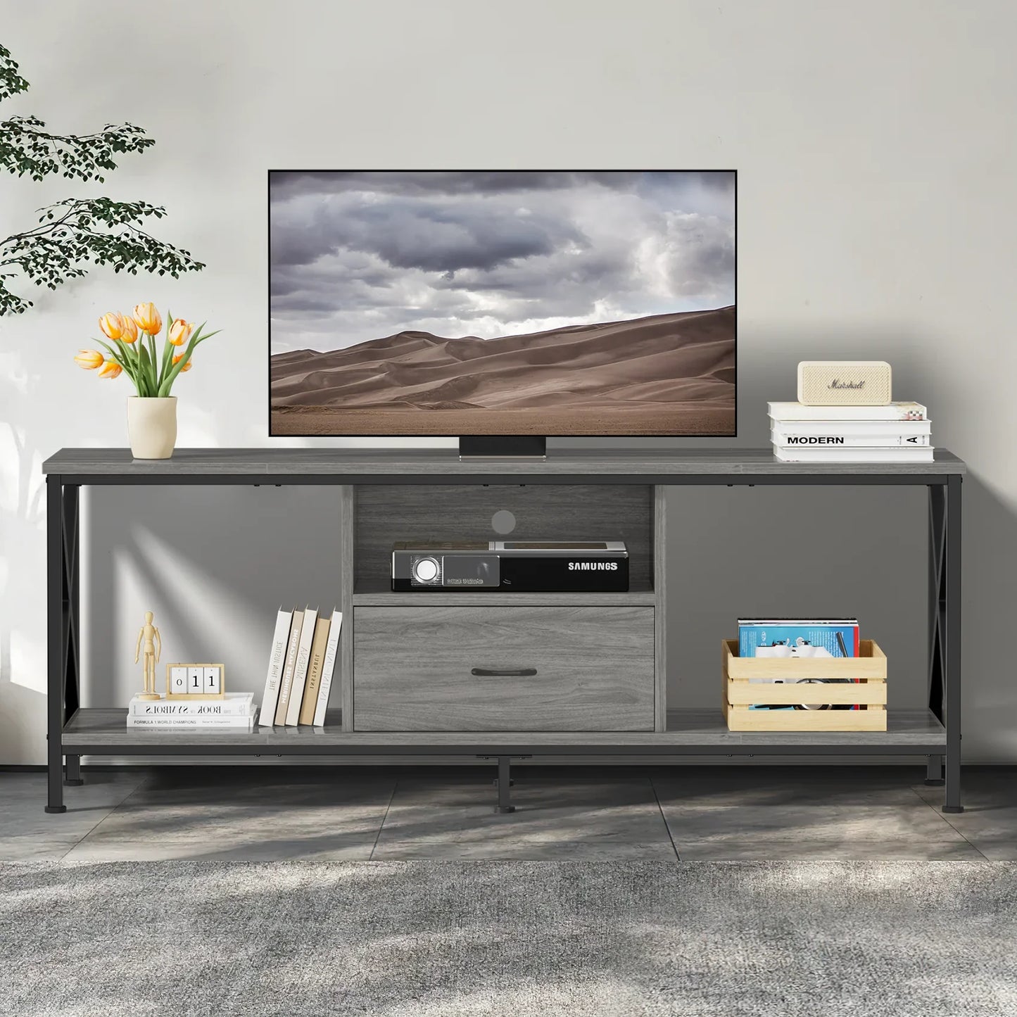 JOZ 65 inch TV Stand for TVs up to 75 inch with 2 Shelves and Storage Drawers, Rock Gray