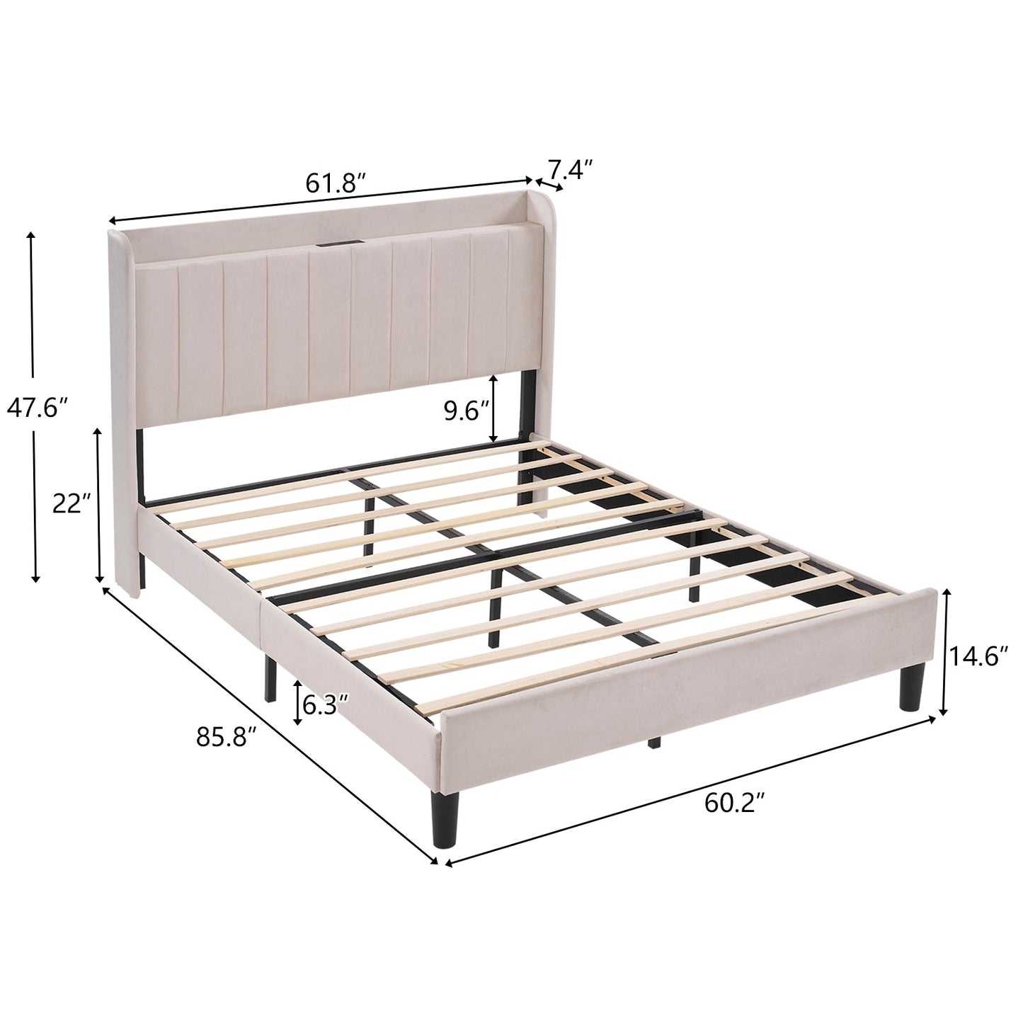Queen Bed Frame with Charging Station, Platform Bed Frame with Upholstered Headboard, Modern Deluxe Wingback, Wood Slat Support, Mattress Foundation, Beige
