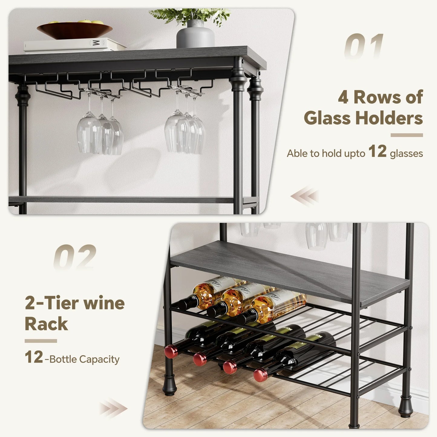 Joz Versatile Console Table with Storage Shelf, Wine Rack, and Glass Holder, for Living Room, Gray