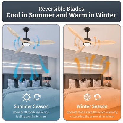 Wozzio 52 inch Ceiling Fan with Light and Remote, 3CCT Dimmable LED Light, 3 Reversible Natual Wood Blades,Indoor & Outdoor