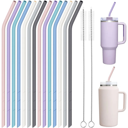 NiHome 14PCS Silicone Straws for Stanley 40oz 30oz Tumbler, 14" Extra Long Reusable Drinking Straw,Straws Flexible Can Cut Length for 1/Half Gallon 64OZ Large Water Bottle-2 Cleaning Brushes(Macaron)