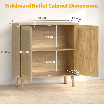 JOZ Wooden Sideboard Buffet Cabinet with Storage, Rattan Door and Solid Wooden Feet, for Kitchen, Hallway, Entry and Living Room, Natural