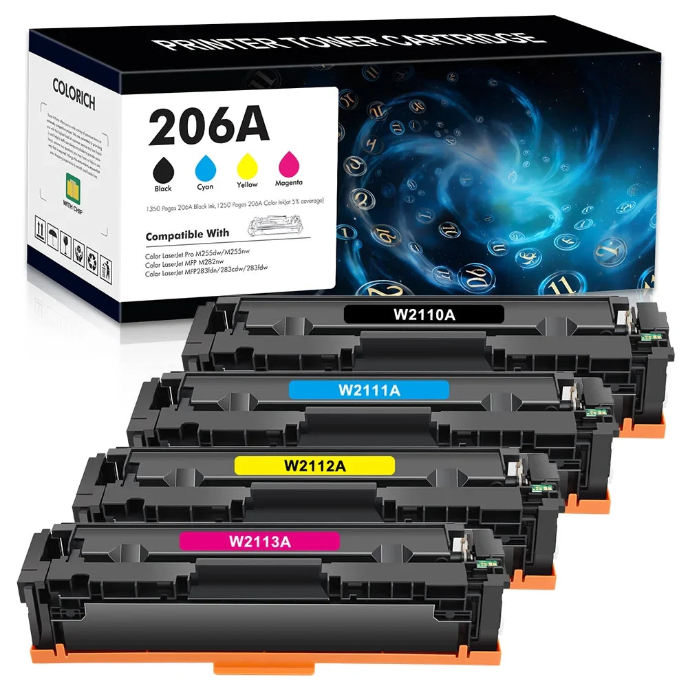206A Toner Cartridges 4 Pack With Chip Compatible for HP 206A 206X 206 W2110A W2111A W2112A W2113A W2110X Color Laserjet Pro MFP M283fdw M283cdw M255dw M283 M255 Printer (Black Cyan Yellow Magenta)