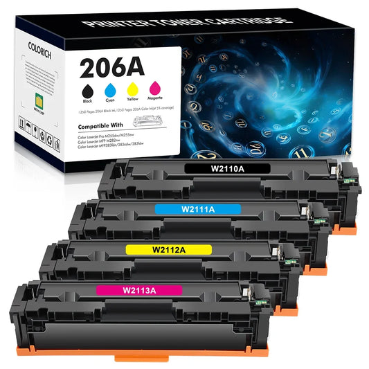 206A Toner Cartridges 4 Pack With Chip Compatible for HP 206A 206X 206 W2110A W2111A W2112A W2113A W2110X Color Laserjet Pro MFP M283fdw M283cdw M255dw M283 M255 Printer (Black Cyan Yellow Magenta)