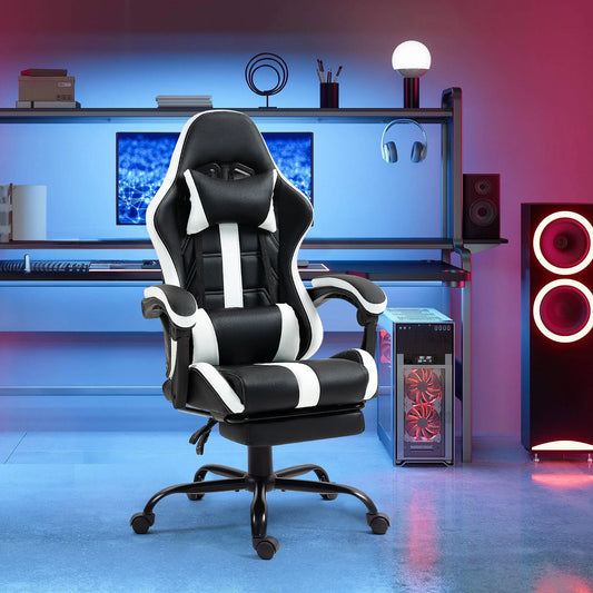 HOMHUM Gaming Chair, PU Leather Office Chair w/ Footrest and Massage Lumbar Support, Ergonomic Computer Chair w/ Headrest, 360° Swivel Desk Chair, White