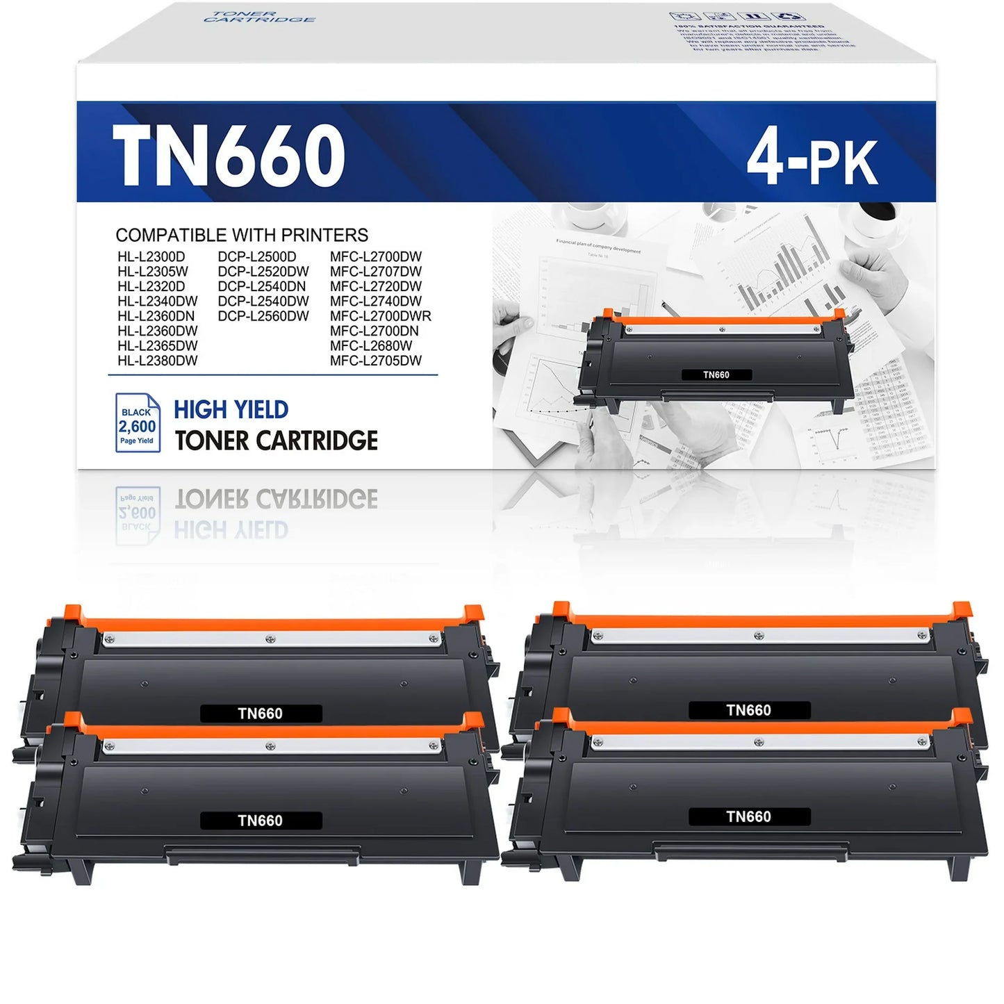 TN660 TN-660 Toner Cartridge Compatible Black Toner Replacement for Brother TN 660 TN-660 HL-L2300D L2320D L2360DW L2380DW MFC-L2680W L2705DW DCP-L2520DW L2540DW Printer Ink - 4 Pack