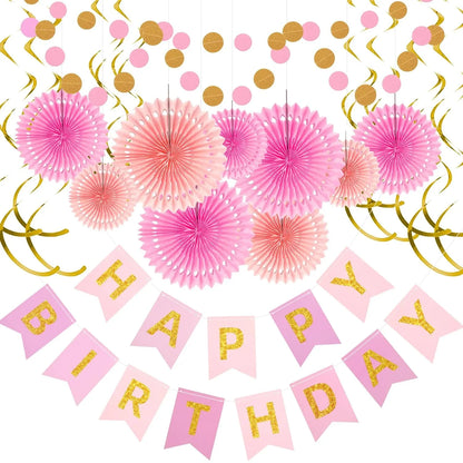 Pink Gold Birthday Decorations, Happy Birthday Banner with Hanging Honeycomb Paper Fans Circle Garland Swirl Streamers for Girls Women Party Supplies