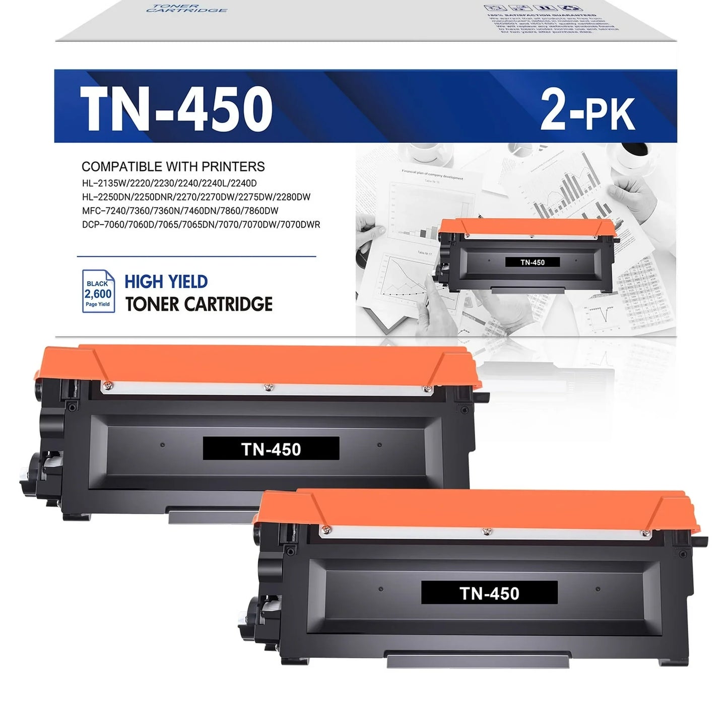 TN450 Toner Cartridges 2-Pack High Yield Replacement for Brother TN450 TN-450 TN420 TN-420 HL-2270DW HL-2280DW DCP-7065DN MFC-7360N MFC-7860DW HL-2240D DCP-7060D MFC7460DN MFC7240 Printer (Black)