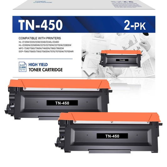TN450 Toner Cartridges 2-Pack High Yield Replacement for Brother TN450 TN-450 TN420 TN-420 HL-2270DW HL-2280DW DCP-7065DN MFC-7360N MFC-7860DW HL-2240D DCP-7060D MFC7460DN MFC7240 Printer (Black)