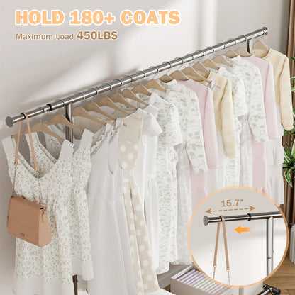 JOZ 450 lbs Heavy Duty Commercial Garment Rack with Shelves, Adjustable Rolling Clothes Rack - Chrome Finish