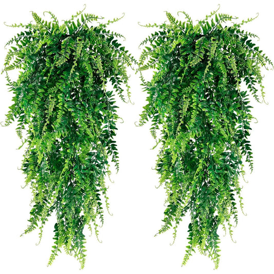 2 Pack Artificial Hanging Boston Fern Plants Faux Rattan Plants Fake Vines Greenery for Indoor Outdoor Room Wall Wedding Patio Porch Decor