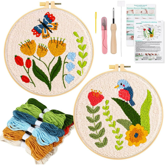 2 Pack Punch Needle Embroidery Kit for Beginners, Rug Hooking Starter Kit with Butterfly Flowers Bird Pattern Stamped Cloth 2 Embroidery Hoops Woolen and Punch Needle, DIY Handicraft Crafts Kit