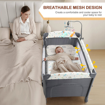 Zimtown 4-in-1 Wide Baby Bassinet Bedside with Mattress, Portable Baby Crib for Newborn to Toddlers, Gray