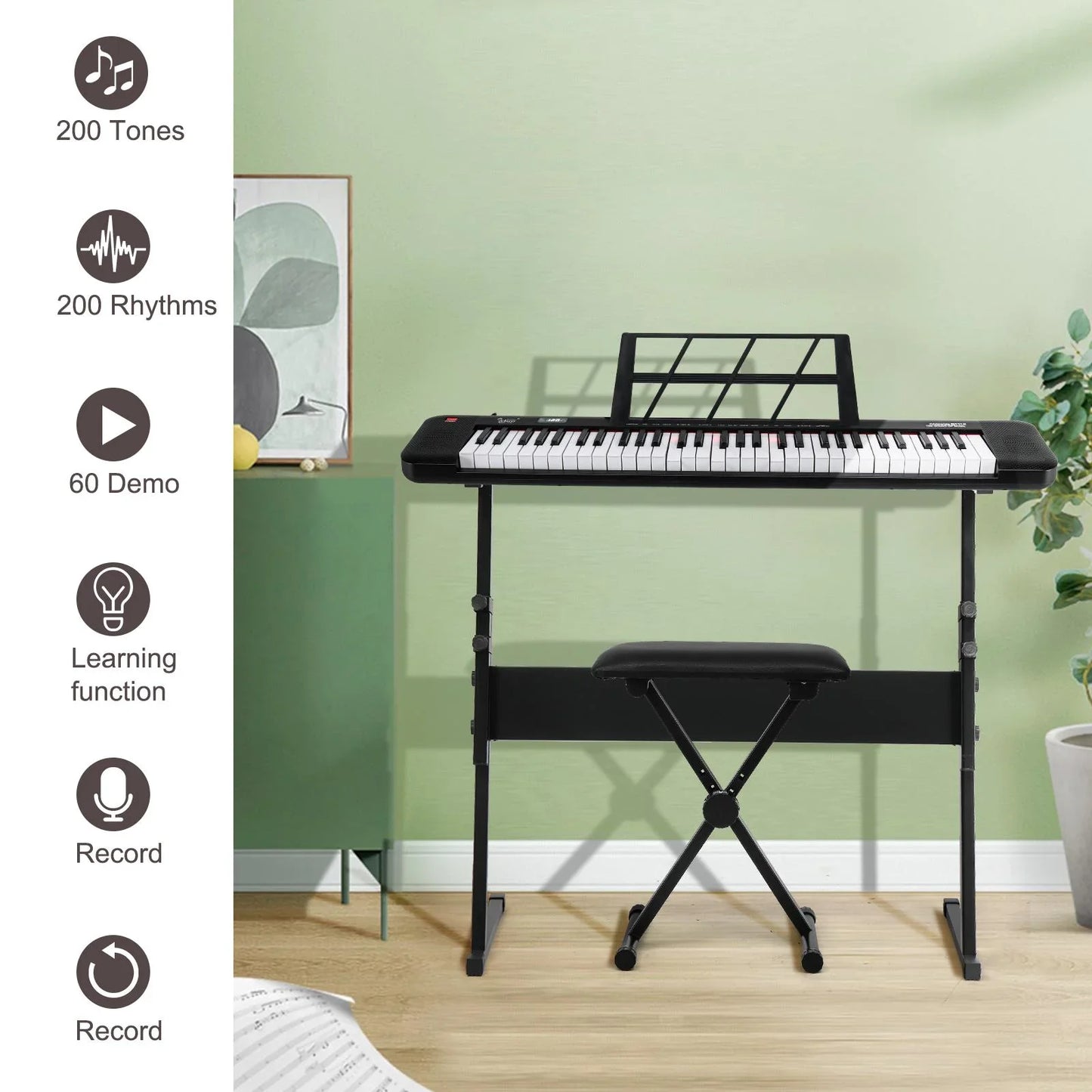 Glarry 61 Key Lighting Keyboard with Piano Stand, Piano Bench, Built In Speakers for Beginners