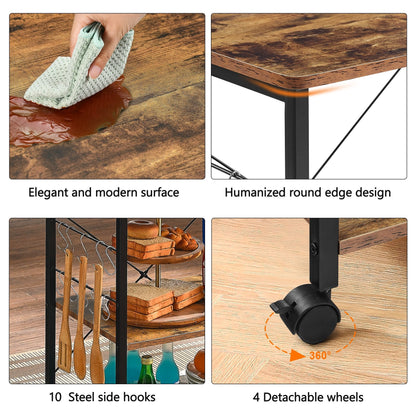 JOZ 3-Tier Kitchen Utility Serving Cart, Multifunction Microwave Oven Stand, Baker's Rack with Storage Shelf and 10 Hooks, Black