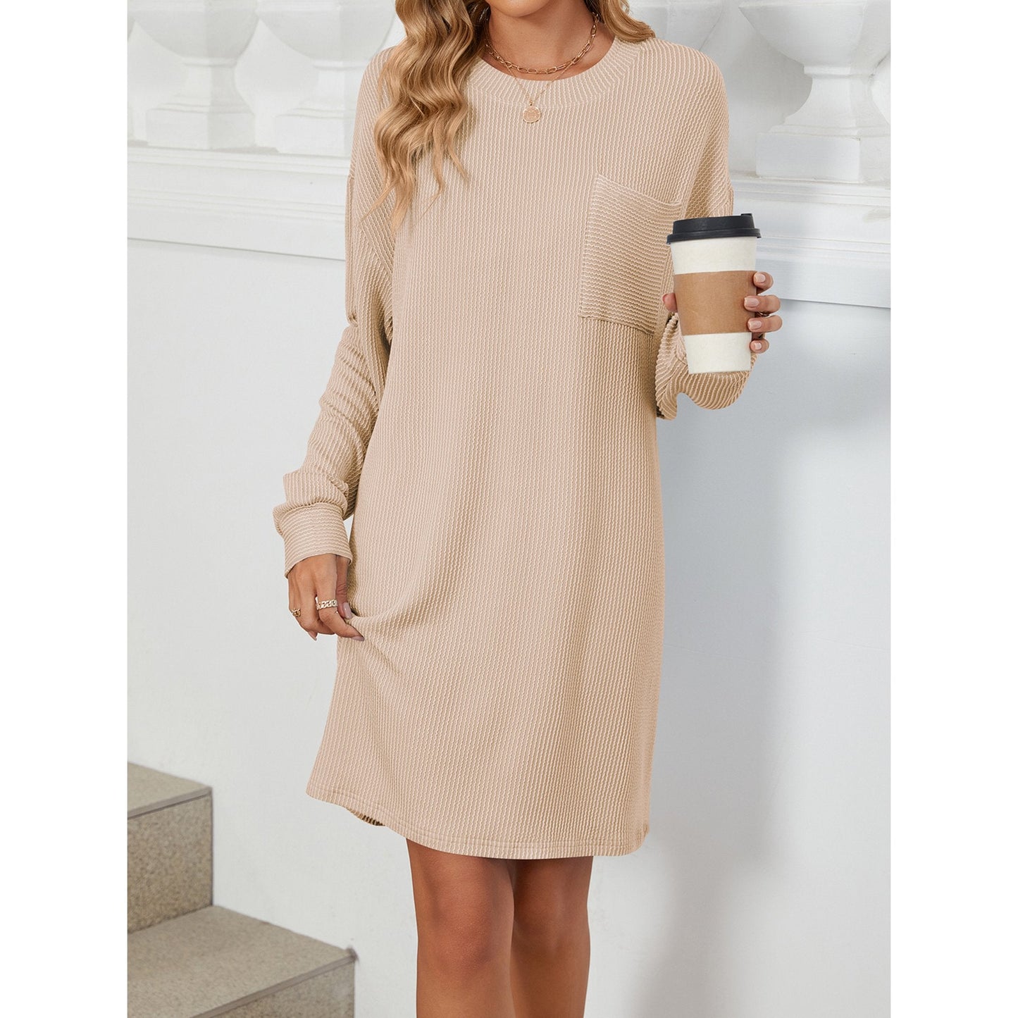 SHIBEVER Women Shift Dress Long Sleeve Crewneck Shirt Dress Dressy Solid Color Elegant Stripe Dresses for Women with Pocket Size L