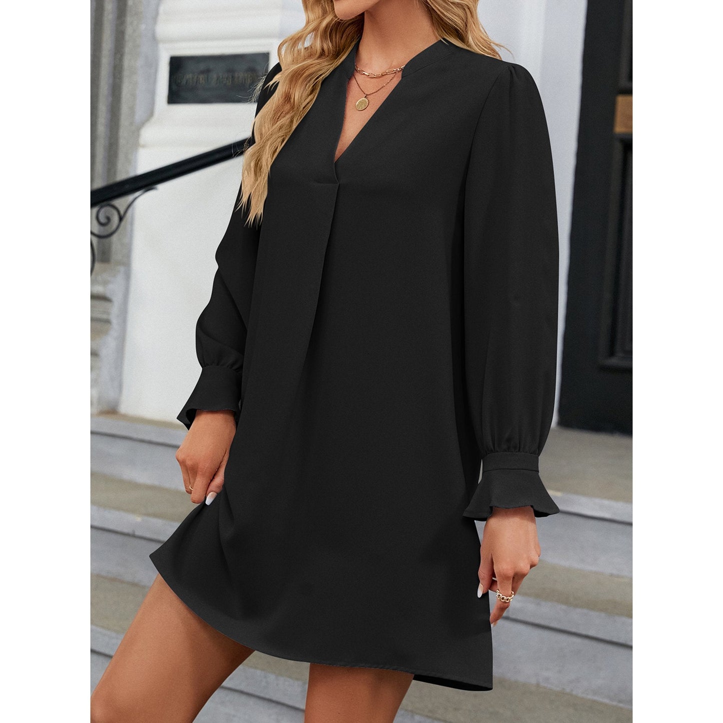 SHIBEVER Women Dress Casual Long Sleeve Shirt Dress V Neck Dressy Flare Cuff Black Elegant Mini Dresses for Women Size L