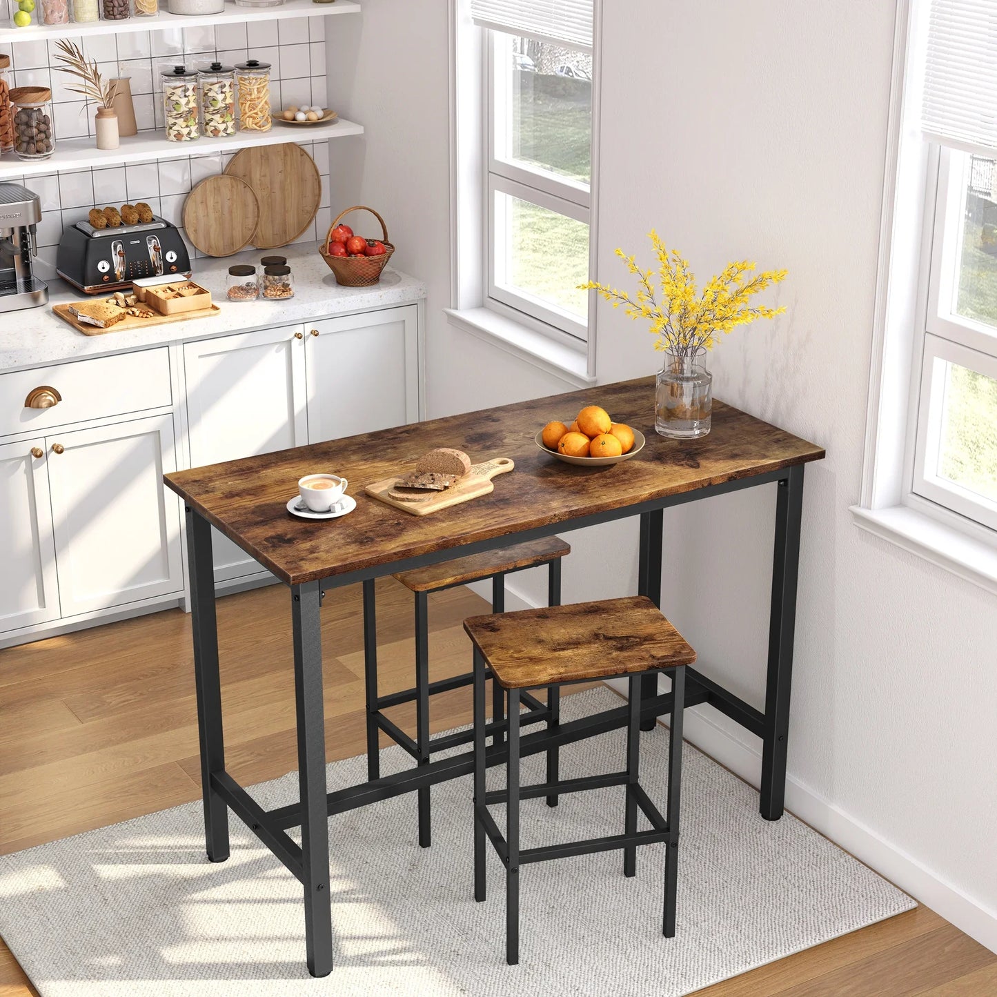 JOZ 3-Piece Kitchen Height Dining Table Set, Bar Table with 2 Stools, Rustic Brown and Black