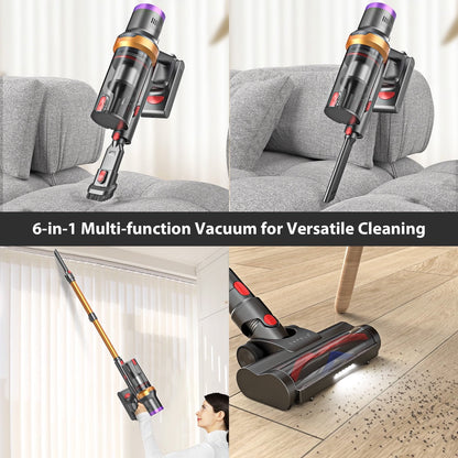 ORFELD Cordless Vacuum Cleaner， 45mins 300W 25kap Rechargeable Stick Vacuum for Carpet Hardwood Floor Pet Hair，Gold，SV30