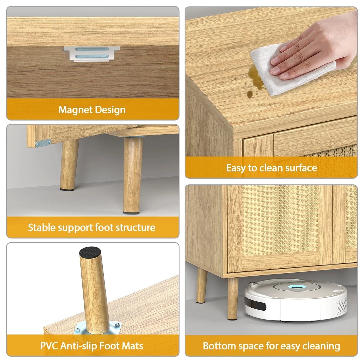 JOZ Wooden Sideboard Buffet Cabinet with Storage, Rattan Door and Solid Wooden Feet, for Kitchen, Hallway, Entry and Living Room, Natural