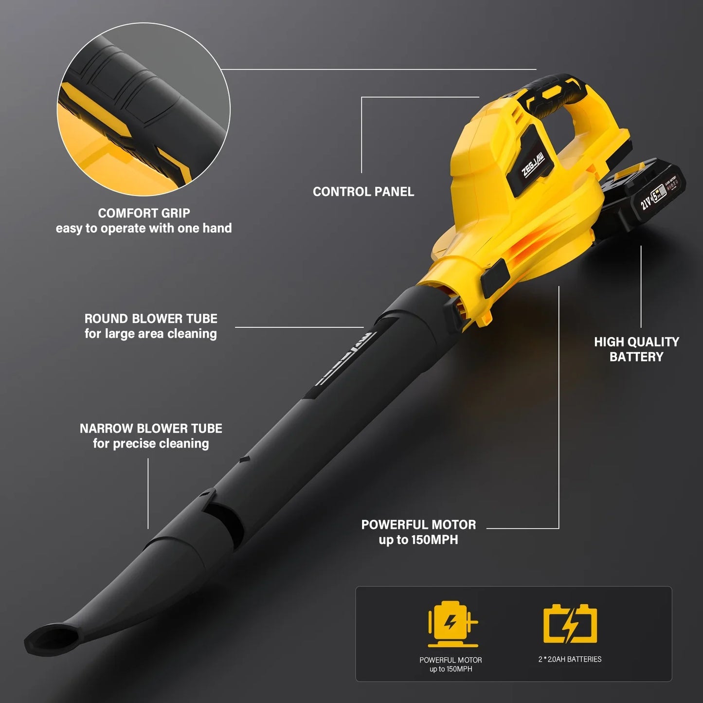 ZEGJAW 20V Leaf Blower Cordless with Battery and Charger, Electric Leaf Blower with 2-Speed Mode, Yellow
