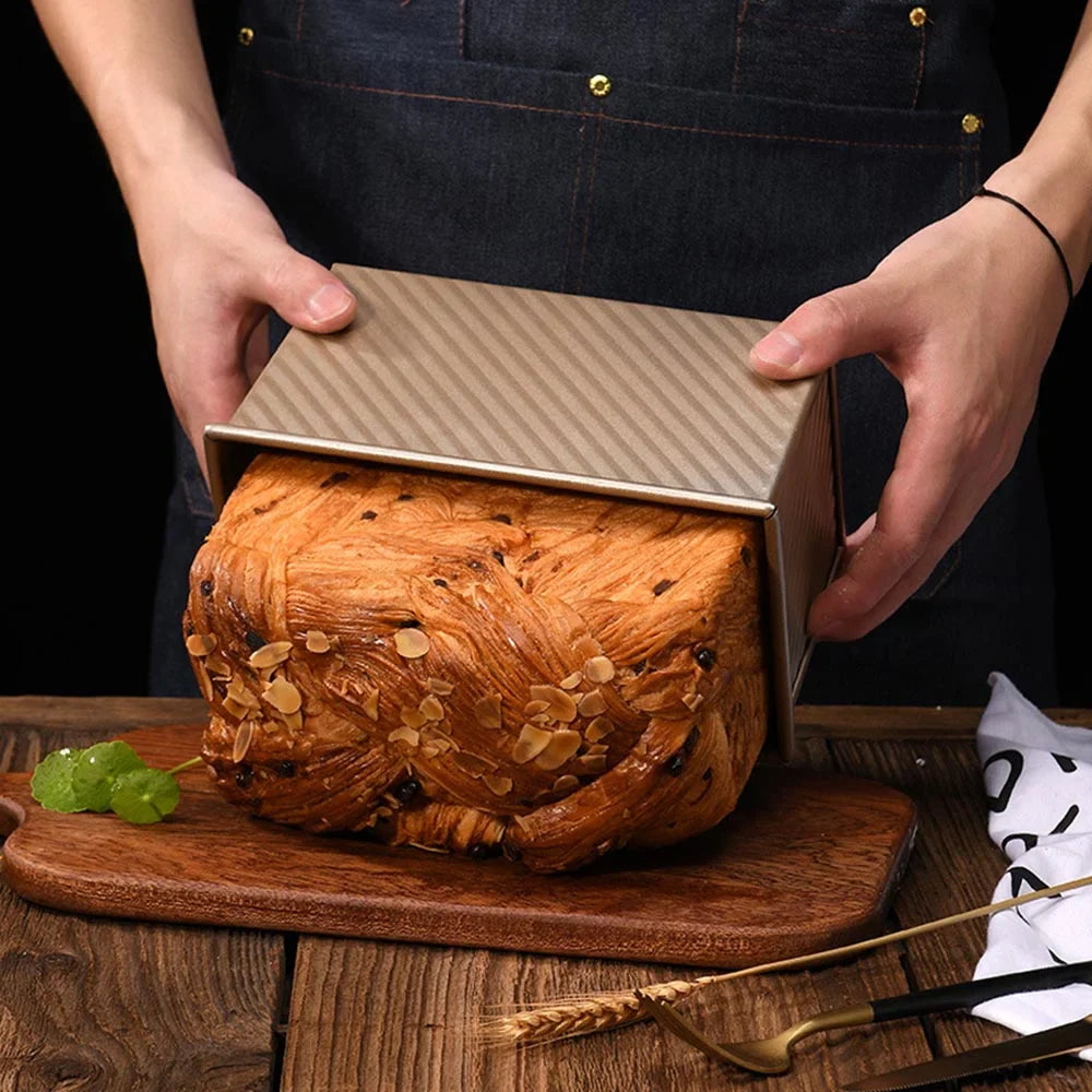 HELONG Pullman Loaf Pan with Lid, Carbon Steel Bread Loaf Pan,Non-Stick Loaf Pan for Baking ,1 lb Dough Capacity,Gold