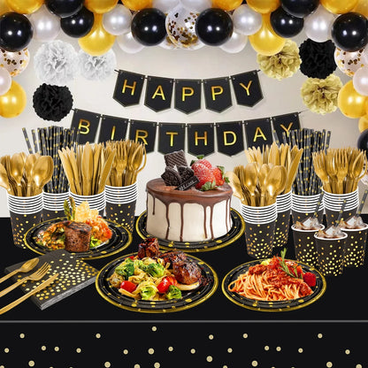 201Pcs Happy Birthday Party Supplies, Black Gold Dinnerware Set Paper Plates Napkins Plastic Tablecloth Forks Knives Spoons Serve 25 for Men Women