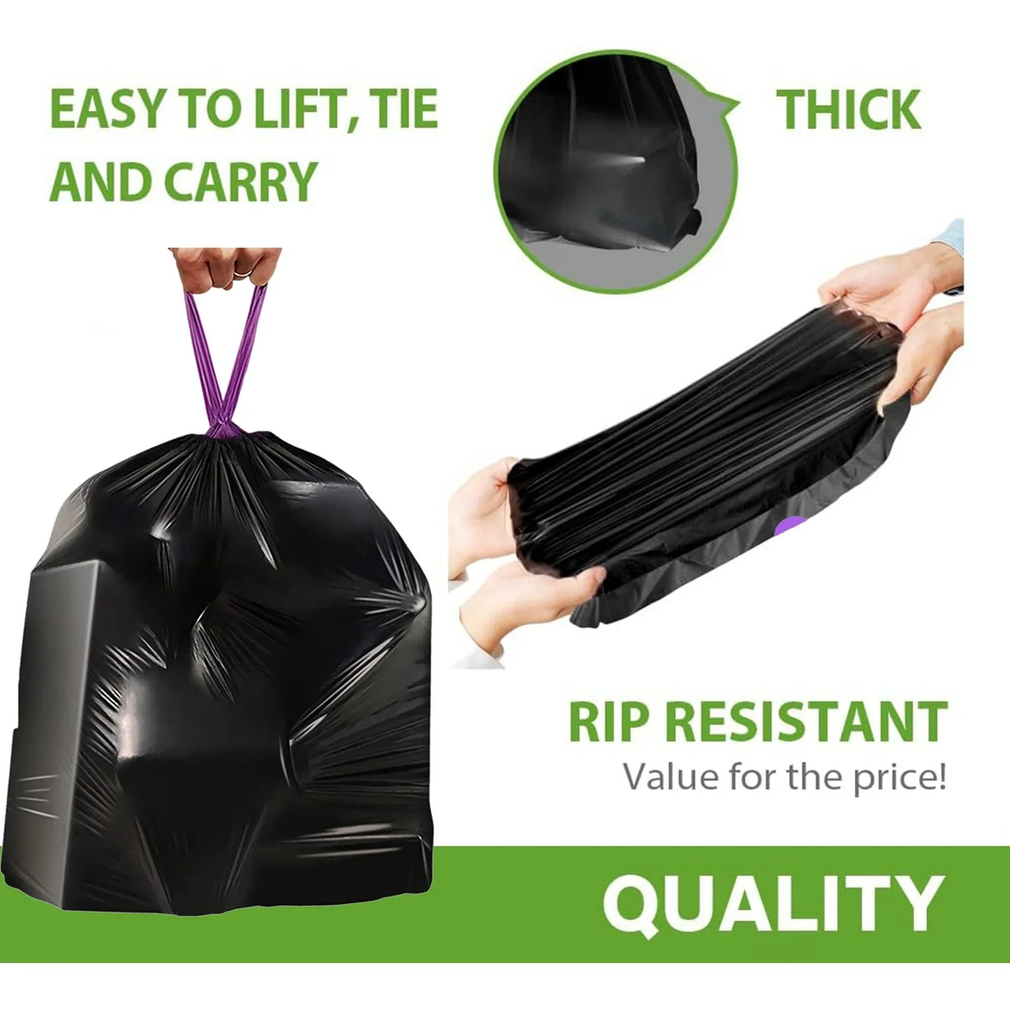 HELONG 13 Gallon Trash Bag,Drawstring Trash Bag 18 Counts/4 Rolls,Kitchen Garbage Bags for Office Bedroom Bathroom,Black