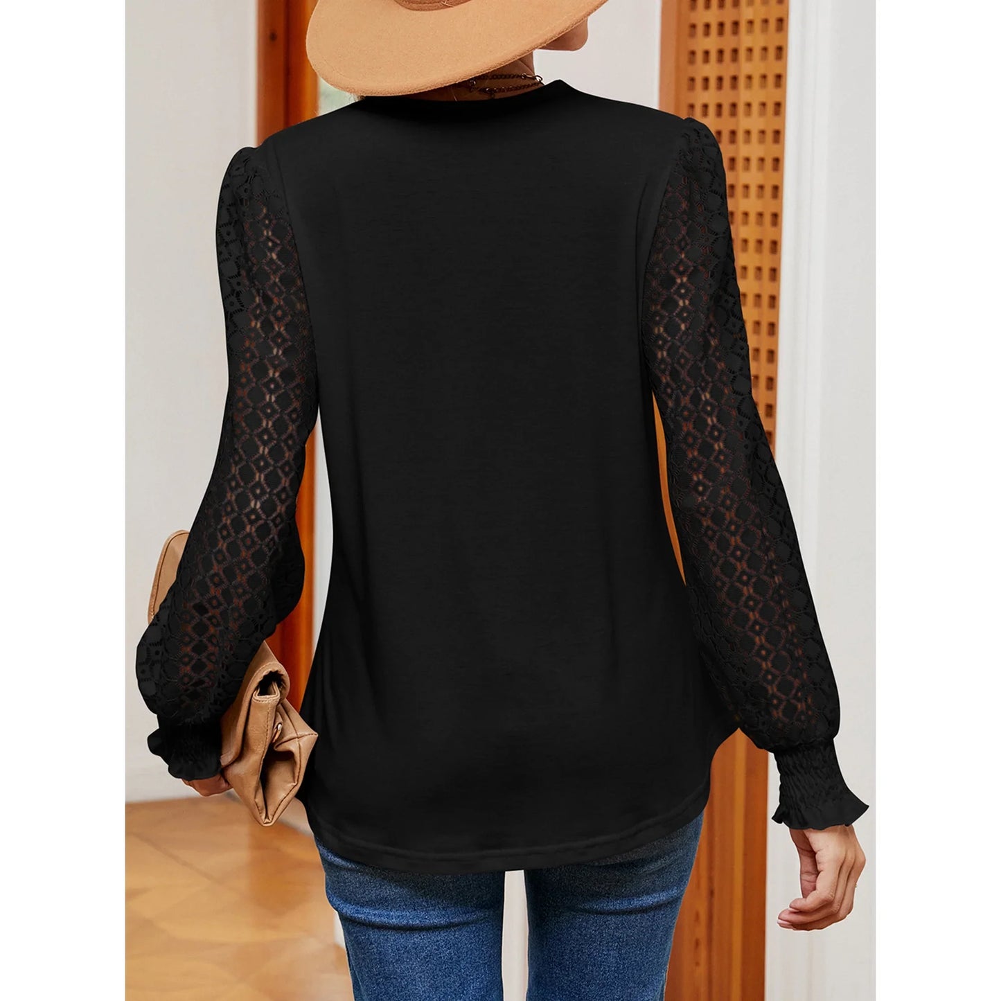 SHIBEVER Women T Shirts Casual Long Sleeves Blouses Fall Tunic Lace Tops V Neck Hollow Loose Shirts for Women Size XL