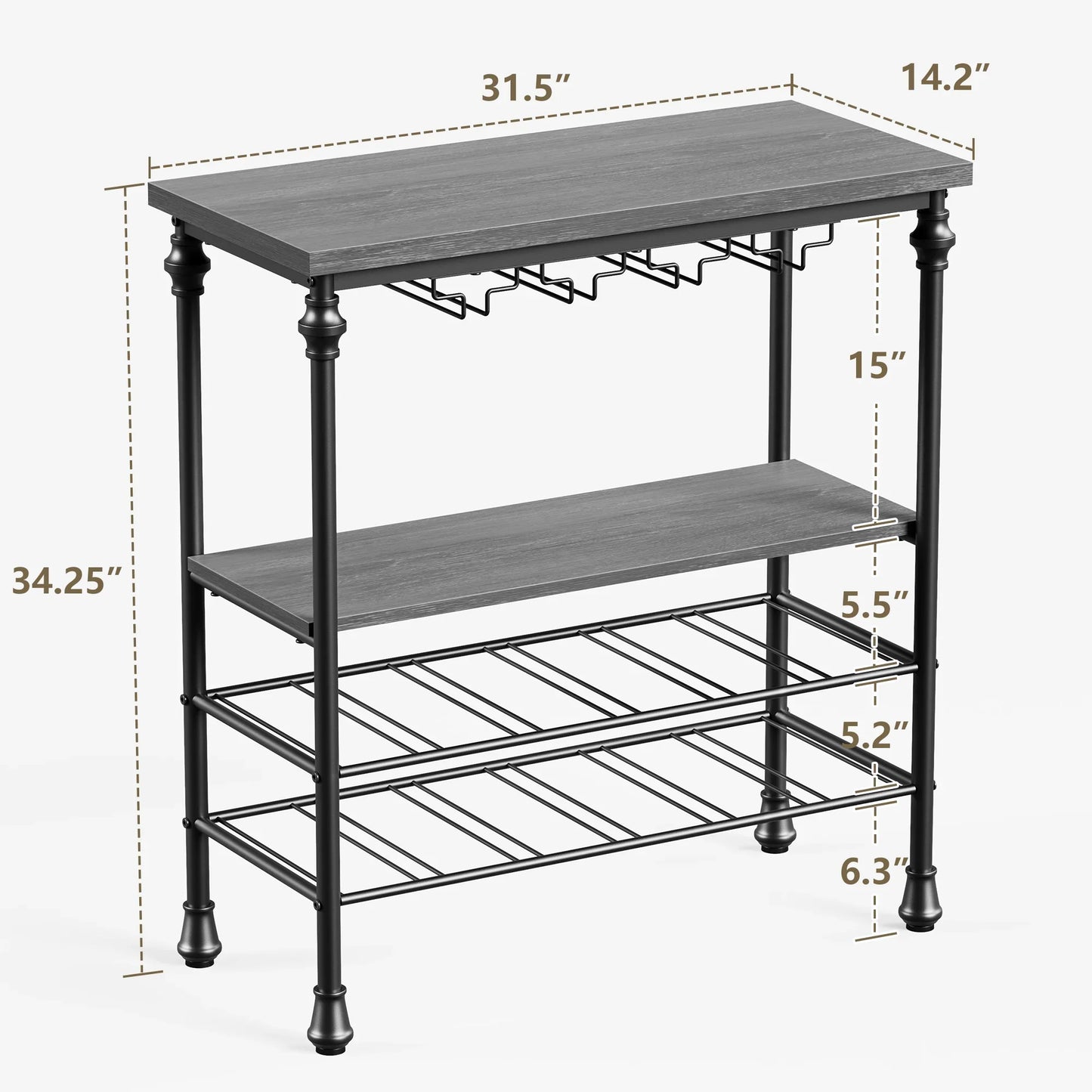 Joz Versatile Console Table with Storage Shelf, Wine Rack, and Glass Holder, for Living Room, Gray