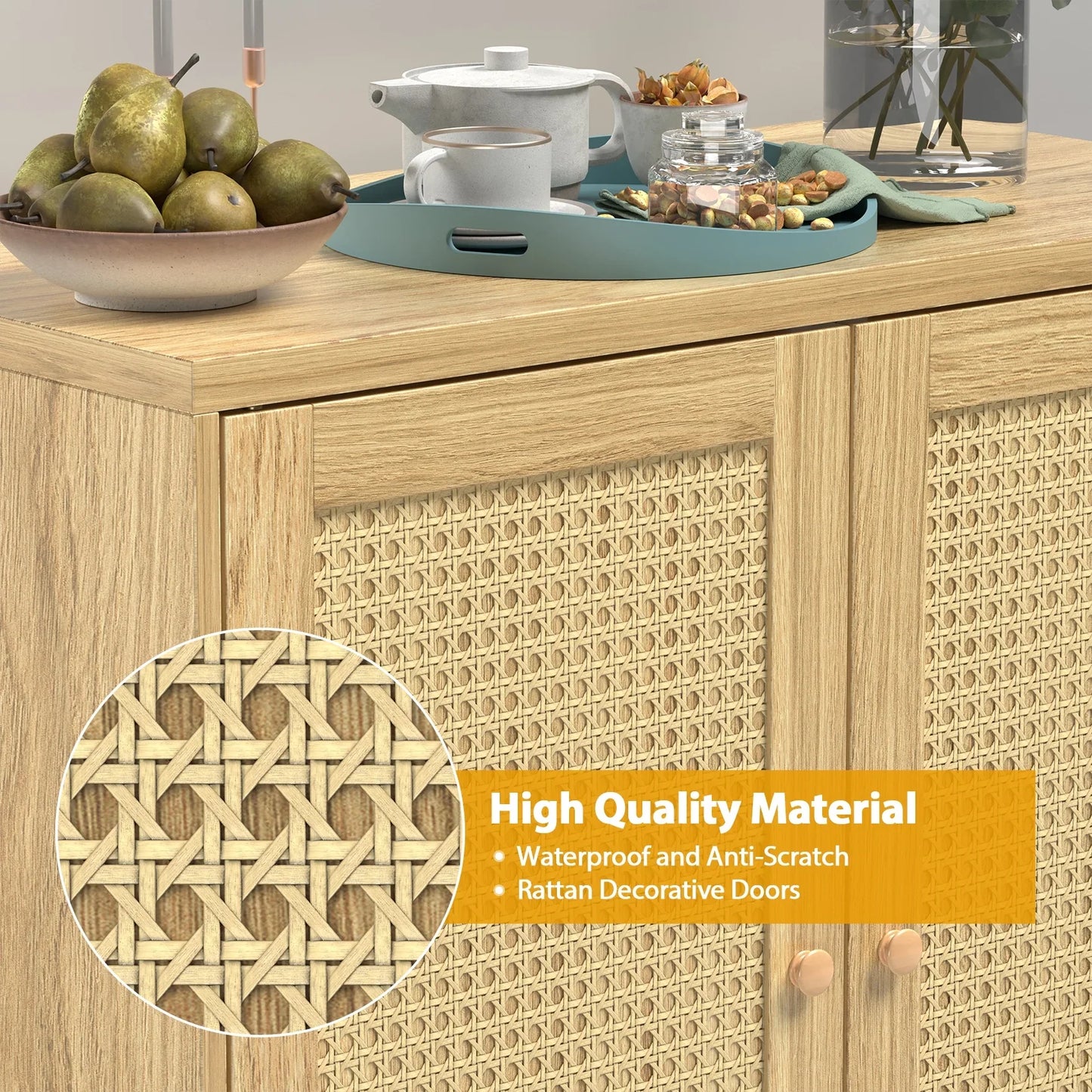 JOZ Wooden Sideboard Buffet Cabinet with Storage, Rattan Door and Solid Wooden Feet, for Kitchen, Hallway, Entry and Living Room, Natural