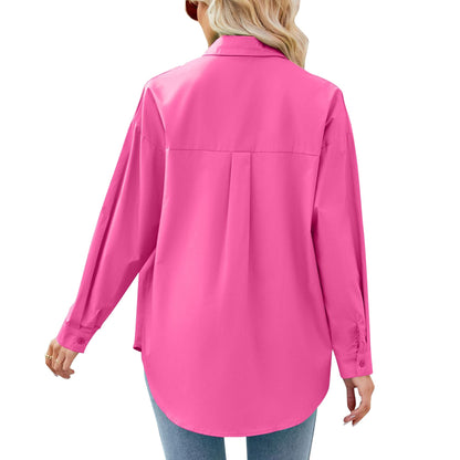 SHIBEVER Womens long sleeve Blouses Tops Oversized Button Down Shirts V neck Loose Fit Work Dressy Blouse rose