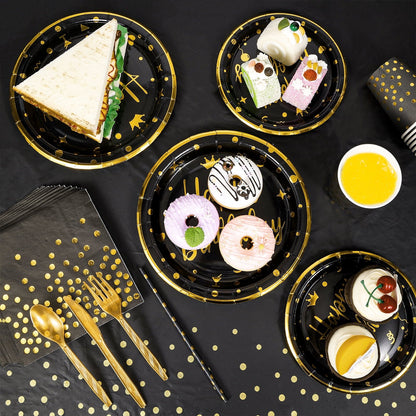 201Pcs Happy Birthday Party Supplies, Black Gold Dinnerware Set Paper Plates Napkins Plastic Tablecloth Forks Knives Spoons Serve 25 for Men Women