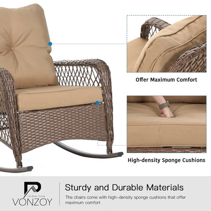 ELPOSUN 3-Piece Outdoor Rocking Chairs, Wicker Patio Furniture with Thickened Cushions and Table for Porch