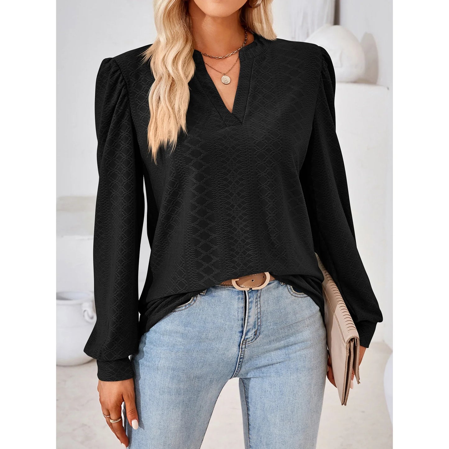 SHIBEVER Women Long Sleeves T Shirts Fall V Neck Tunic Tops Casual Soild Color Black Loose Shirts for Women Size L