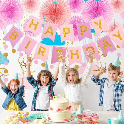 Pink Gold Birthday Decorations, Happy Birthday Banner with Hanging Honeycomb Paper Fans Circle Garland Swirl Streamers for Girls Women Party Supplies