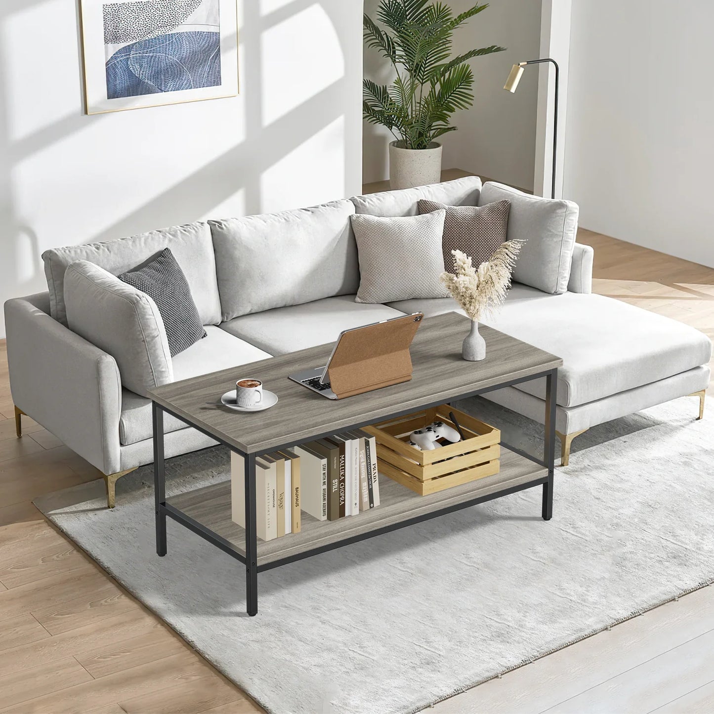 JOZ 3-Piece Coffee and End Table Set: Rustic Rock Gray Elegance with Sturdy Metal Frames